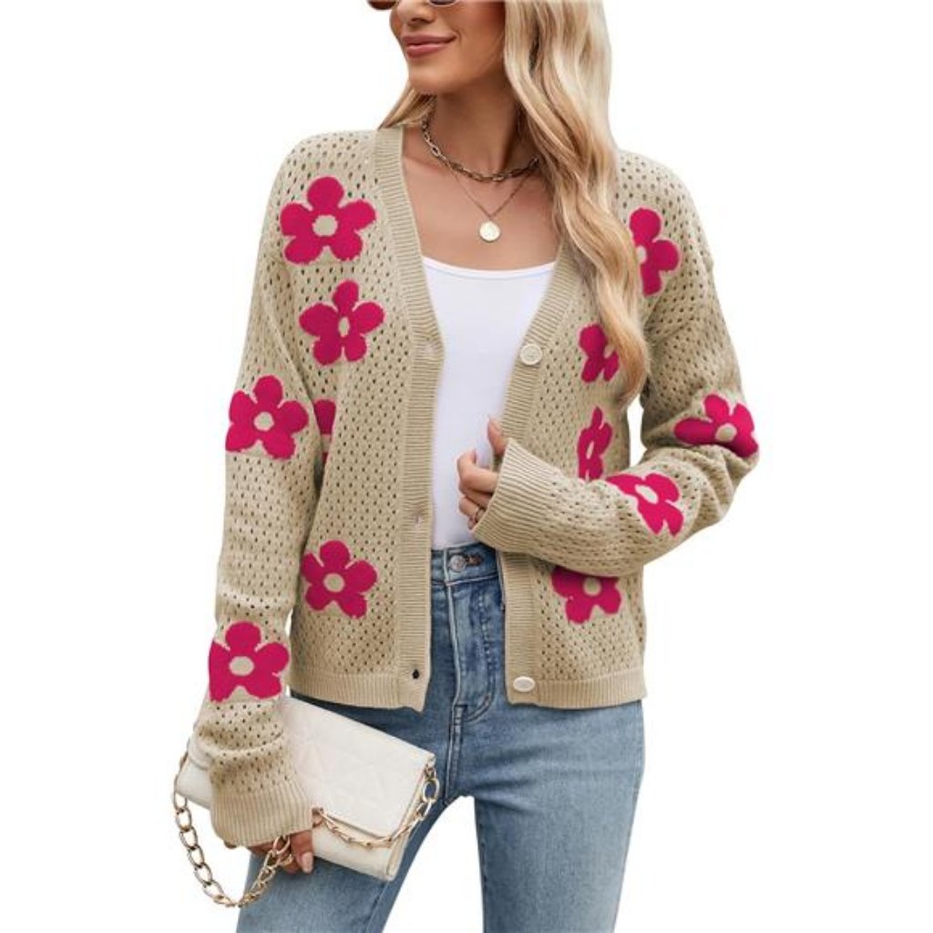 Women Crochet Cropped Cardigan Sweater Lightweight Button Down Vneck Flower Knit
